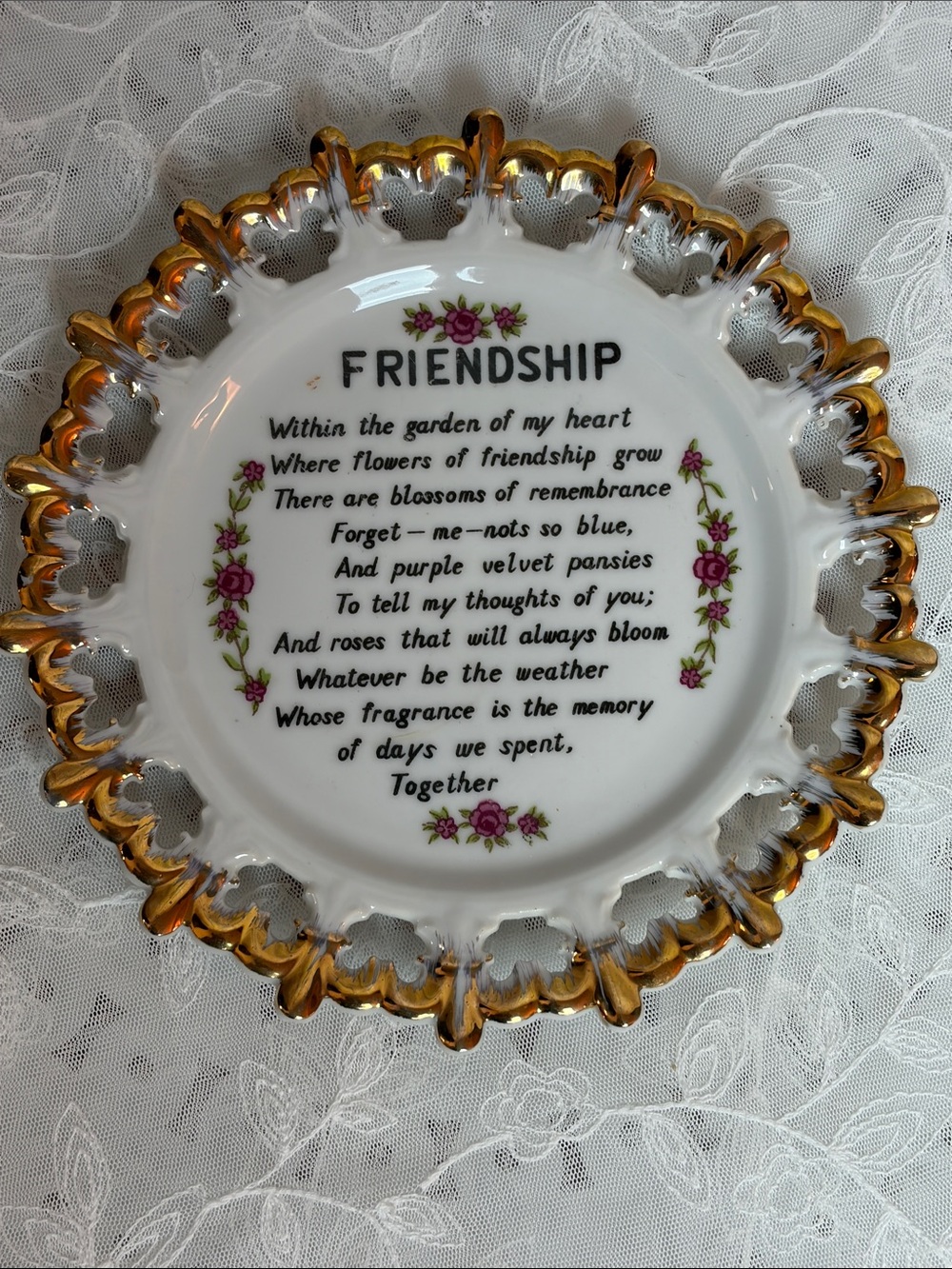 Vintage 1950s Friendship Porcelain Decorative Plate with Gold Rim Made in Japan